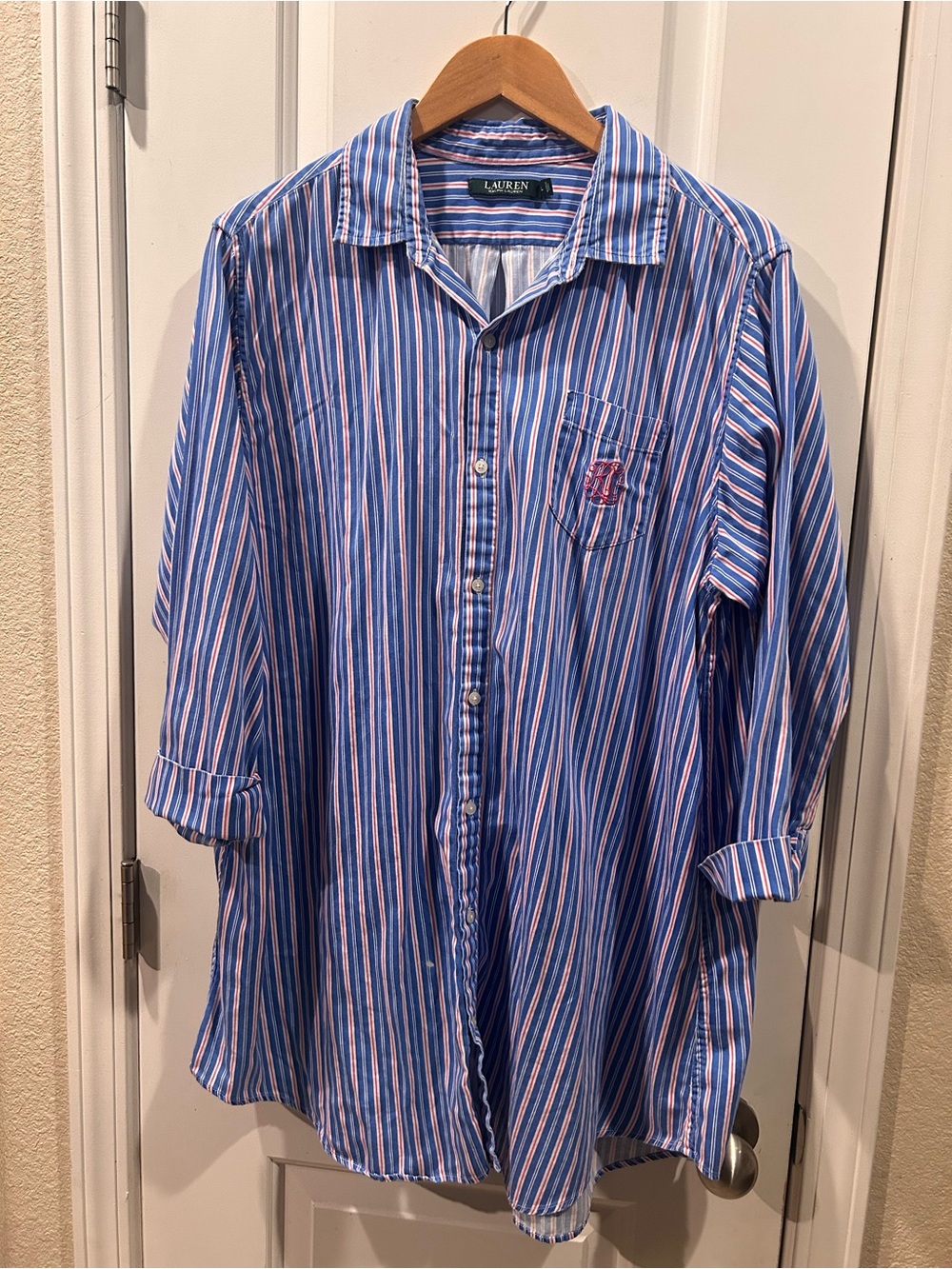 Lauren Ralph Lauren Button Up Sleep Shirt Blue Pink Stripes Women’s Size XL - Picture 2 of 11